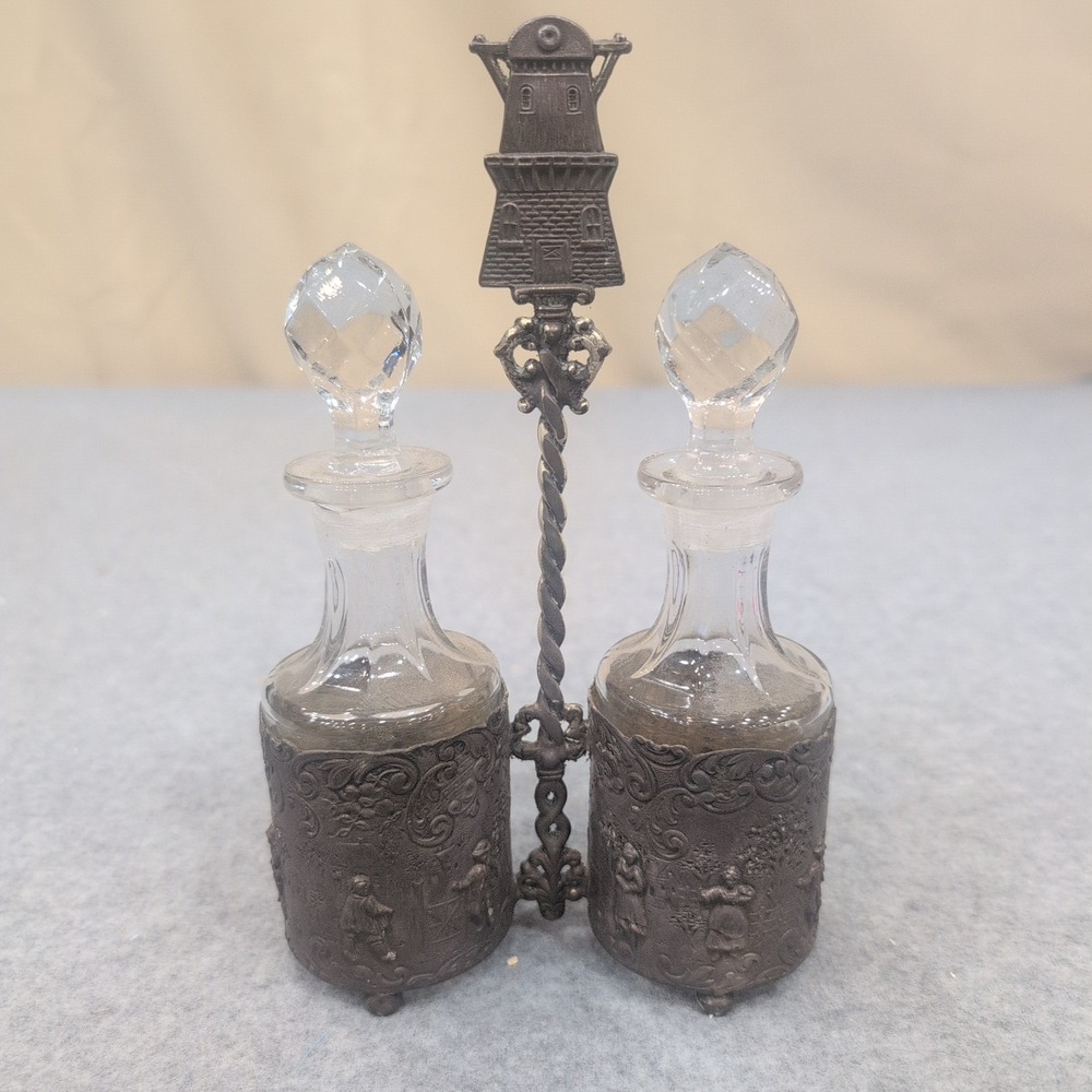 Vintage Dutch Windmill Cruet Set Glass Bottles Ornate Metal Caddy Village Scene